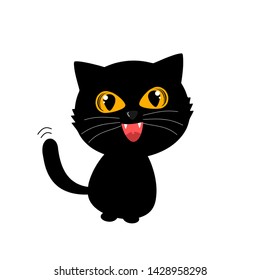 Black cat with big head and sparkling eyes  isolated on white background vector illustration. Cute cartoon character for Halloween.