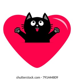 Black cat and big heart icon. Cute funny cartoon character. Happy Valentines day. Kitty ready for a hug. Tongue, paw print. Whisker Baby pet collection. White background. Flat design. Vector