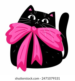 Black cat with big pink bow. Cute cartoon character. Pet baby collection Card. Flat design. Vector illustration.