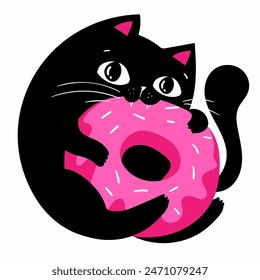 Black cat with big pink donut. Cute cartoon character. Pet baby collection Card. Flat design. Vector illustration.