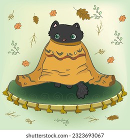 Black Cat in big sweater, Cute eyes, surprised expression, Autumn Cozy, cat sitting, orange sweater, home comfort
