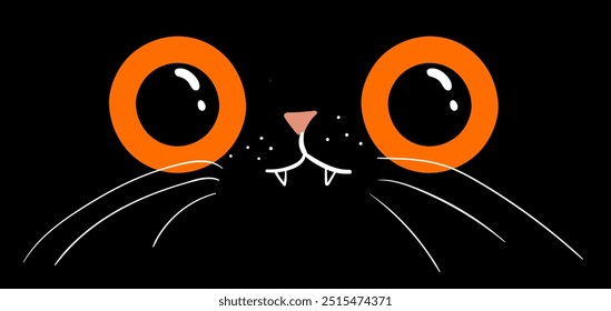 Black cat big yellow eyes. Halloween banner.  Cute cartoon character.  Baby pet animal collection. Happy Halloween. Flat design. Black background. Vector illustration