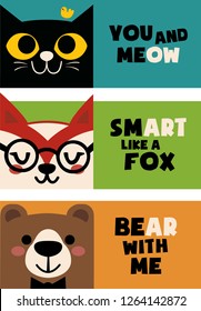 Black cat with a bird, Fox with glasses and bear with a bow tie.