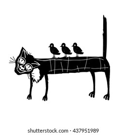 Black Cat and Birds. Vector Illustration 