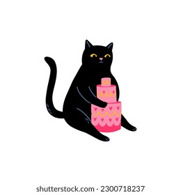 Gato negro con pastel de cumpleaños