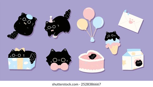 black cat with birthday cake vector illustration