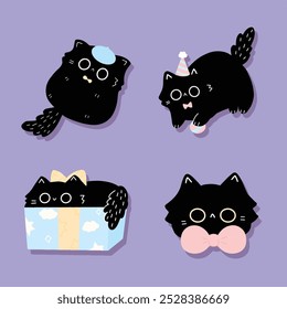 black cat with birthday cake vector illustration