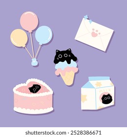 black cat with birthday cake vector illustration