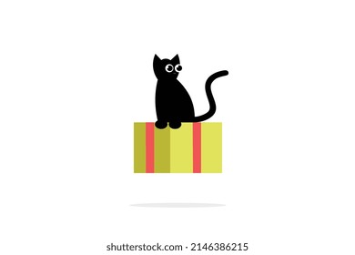 Black cat and birthday gift with shadow below, cartoon illustration design on white background, vector.