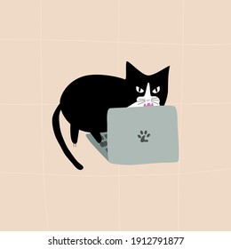 El gato negro muerde la laptop. Un gato de caricatura con ojos malignos escribiendo en una laptop. Vector de ilustración de Doodle.	