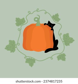 BLACK CAT BITING HALLOWEEN PUMPKIN AND AROUND TWISTED FRAME WITH PUMPKIN LEAVES AND STEM (Vector)