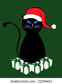 Black cat with blue eyes dressed in Santa hat surrounded by gift boxes.