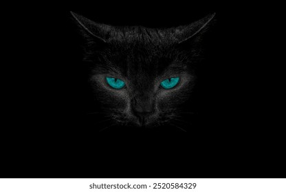 Gato negro con ojos azules sobre un fondo negro de cerca. Ilustración vectorial.