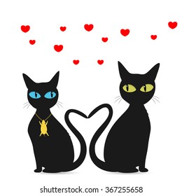 Black Cat with Blue Eyes Vector Illustration. Valentine's Day.