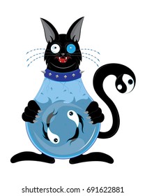 Black cat with a body an aquarium