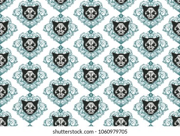 black cat bone and skull with blue floral flower combination hand drawing seamless repeated pattern