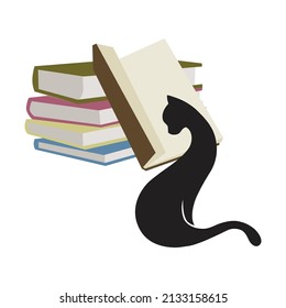 gato negro y libros, vector