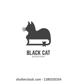 Black cat bookshop logo design template with a cat on a book. Vector illustration.