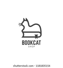 Black cat bookshop logo design template with a cat on a book in linear style. Vector illustration.