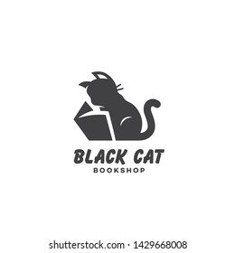 Black cat bookshop logo design template with reading cat. Vector illustration.