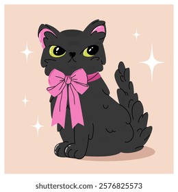 Black cat with a bow. Adorable funny pet.  Simple childish characters for Valentine's day cards.  Romance and dating holiday greeting card, poster design