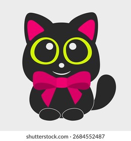 Black cat with a bow. Elegant black cat with a red bow on its neck. Flat cartoon design. EPS-10.