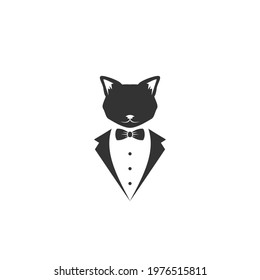 Black cat with bow tie and black suit or tuxedo. tough, cool Vector flat illustration. Man avatar. Gentleman. Retro party logo. mascot symbol.