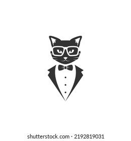 Black cat with bow tie and black suit or tuxedo. tough, cool Vector flat illustration. Man avatar. Gentleman. Retro party logo. mascot symbol.