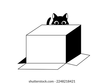 Black cat with box doodle. Character sits behind overturned cardboard box. Comfort and coziness in apartment, charming, cute and adorable kitten, playful animal. Cartoon flat vector illustration