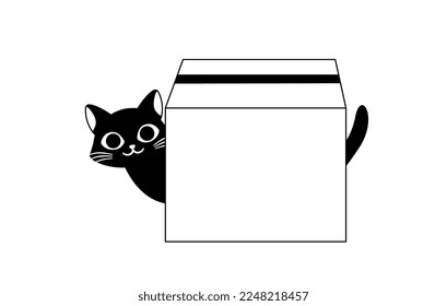 Gato negro con doodle de caja. El encantador y lindo gatito se asoma desde detrás de la caja de cartón volteada. Afiche o cartel para el sitio web. Creatividad minimalista y arte. Ilustración vectorial plana de dibujos animados