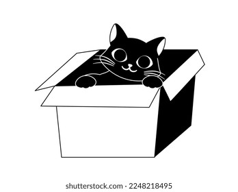 Schwarze Katze mit Schachtel doodle. Poster oder Banner für die Website. Grafisches Element für den Druck auf Stoff. Minimalistisches Logo. Komfort und Gemütlichkeit, Pflege für Kätzchen und Tiere. Cartoon-Flavektor-Vektorgrafik