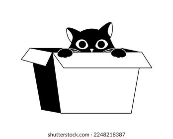 Black cat with box doodle. Sticker for social media and messengers. Education and training. Playful character, comfort and coziness. Logotype for company and branding. Cartoon flat vector illustration