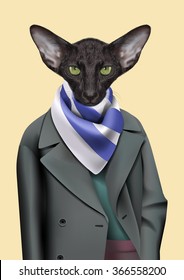 Black Cat boy dressed up in casual city style. Vector Illustration of cute anthropomorphic oriental cat wearing raincoat, scarf. Realistic fashion stylish animal portrait isolated on yellow background