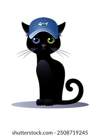 Black cat Boy with eyes of different colors and baseball cap on a white background. Cute cartoon character. Vector illustration.
