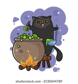 black cat brews a magic potion in a cauldron. Halloween kawaii character