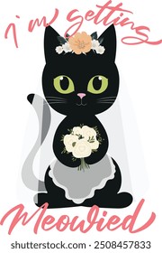 Black cat bride with veil minimal cartoon illustration, white dress, flower crown, and bouquet. Perfect for wedding or bachelorette-themed designs. Includes playful 'I'm getting meowied' text