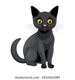 A black cat with bright yellow eyes is sitting calmly in this colorful vector illustration.