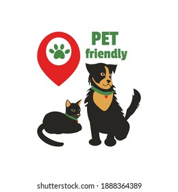 Black cat, black brown dog and Pet friendly sign Flat vector illustration