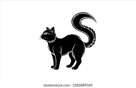 Black cat with bushy tail.