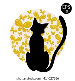 Black cat with butterflies