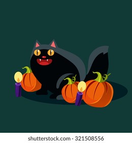 Black cat with candles and pumpkins on Halloween Vector Illustration