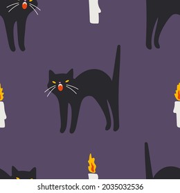 Black cat and candles, vector seamless pattern