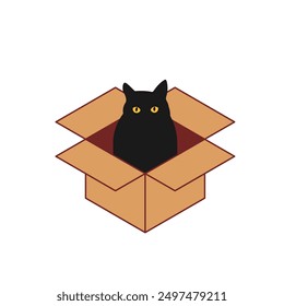 Black cat in cardboard box icon. Clipart image isolated on white background