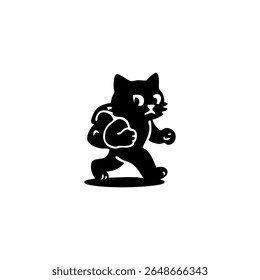 Black cat carrying a backpack, walking