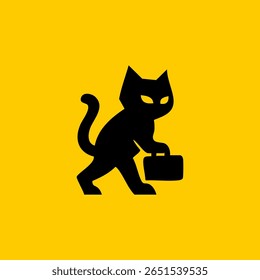 Gato preto carregando uma pasta sobre um fundo amarelo brilhante