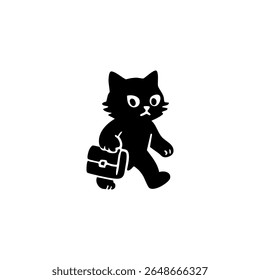 Black cat carrying a briefcase, walking
