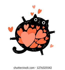 Black cat cartoon character with a belly full of hearts. Valentine's Day greeting card. Floating funny cat in love.