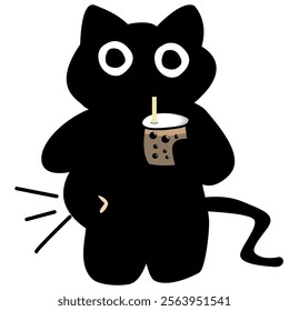 Black cat Cartoon Character Enjoying a Drink bubble tea