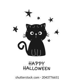 Black cat cartoon, hand drawn stars and hand written font isolated on white background vector illustration. Happy Halloween.