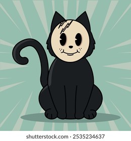 Black cat cartoon with scarred mask face and sitting posture, Vector